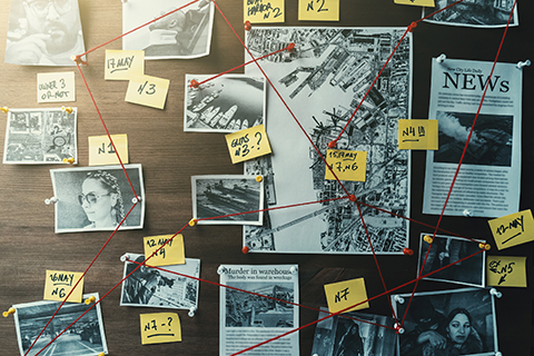 This is a stock photo from Shutterstock. This is an up close image of a bulletin board. The bulletin board has several photographs, newspaper articles, and hand written notes taped to it. There are several red thumb tacks on the board with a red piece of yarn connecting all the thumb tacks. It appears to be information being used to solve a crime.