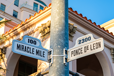 This is a stock photo from Shutterstock. This is an up close image of a street sign in Coral Gables.